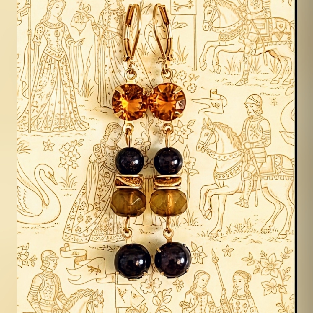 Genuine 3.4 Carats Citrine And Natural Garnet Beads Drop Down Earrings